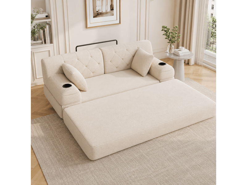  Canapé convertible 2 places 168x80x81 cm sans montage, dossier haut, 2 porte-gobelets, 4 poches latérales, mousse haute densité, velours côtelé beige  - Conforama B