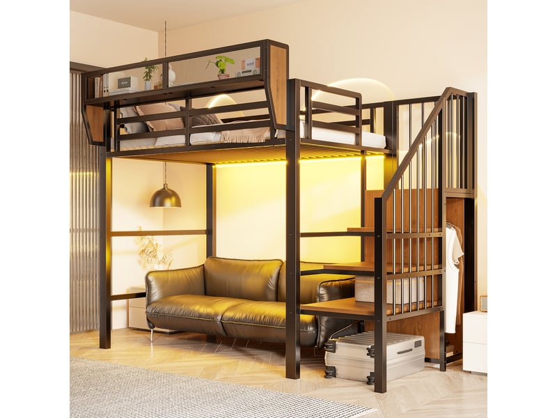  Lit superposé 90x200 cm, lit enfant, rangement, échelle sécurisée, led, métal noir  - Conforama E