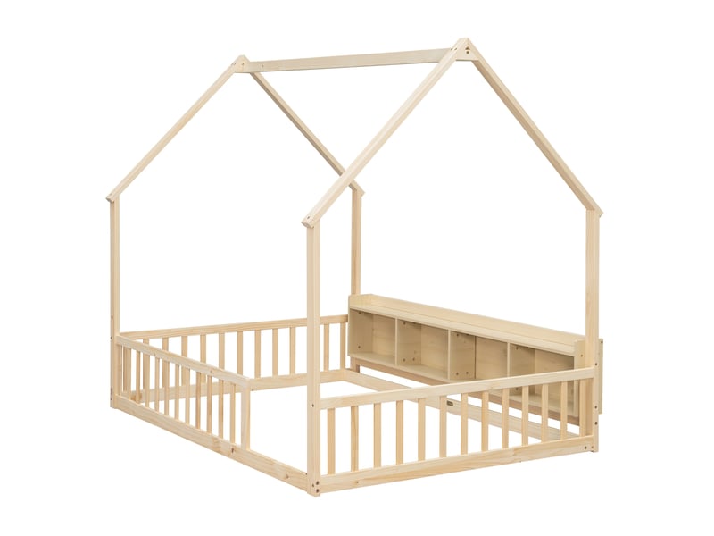  Lit enfant au sol 140x200 cm en bois, forme maison, rangements et barrières  - Conforama C