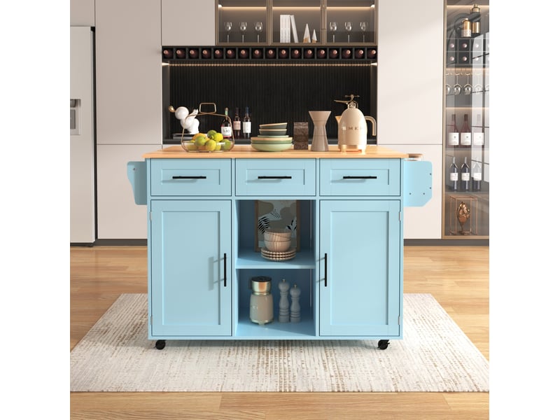  Desserte de cuisine bleue 139x46x91,5 cm avec plateau rabattable et roulettes  - Conforama E