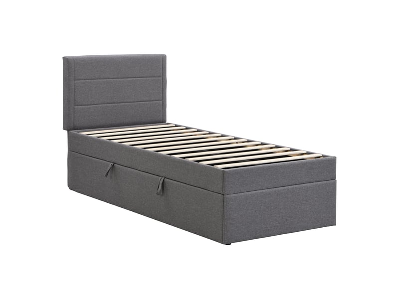 Lit simple gris 90x200 cm avec sommier métal et grand coffre de rangement - Conforama D