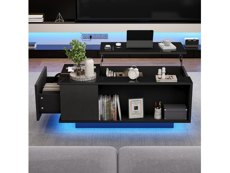 Table basse relevable hydraulique 100x50x40 cm avec rangement et led noire - Conforama C