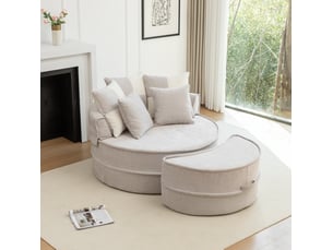 Fauteuil lounge rond 1 place gris en tissu avec ottomane et 5 coussins, confort moelleux pour se détendre