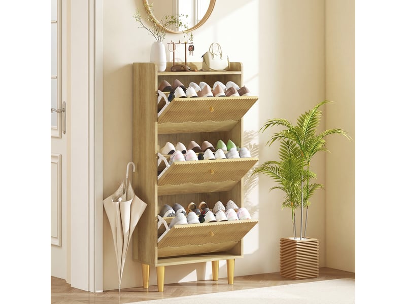  Meuble à chaussures 18 paires, armoire à chaussures étroite, 3 tiroirs rabattables étagères réglables, 60x24x128cm, chêne  - Conforama B