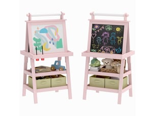 Arkswift, tableau chevalet enfant 3 en 1 avec tableau blanc magnétique, tableau à craie, rouleau papier, 2 paniers, 3-6 ans, rose