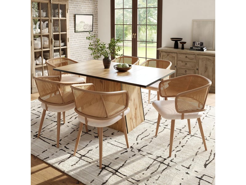  6 chaises de salle à manger avec dossier en rotin, assise en pu cuir, design ergonomique et pieds métal effet bois 4071298082494 - Conforama B