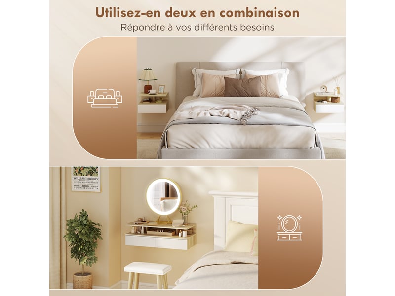  Lot de 2 tables de chevet murales, tables de nuit suspendues avec tiroir, 35x32x22,5cm, étagère ouverte, blanc et chêne  - Conforama R