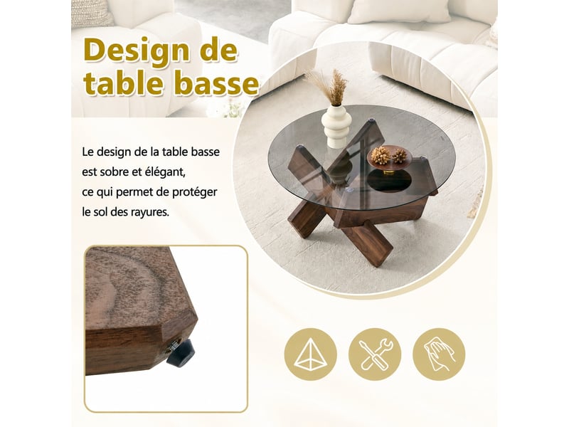  Table basse ronde en verre trempé, table de salon diamètre 79 cm, piètement géométrique effet noyer.  - Conforama E