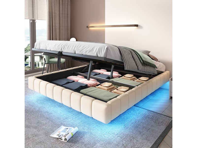  Lit capitonné 160x200 cm beige en lin, cadre suspendu, relevage hydraulique, led et sans tête de lit  - Conforama D