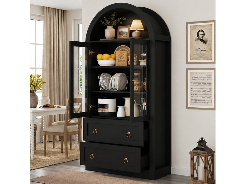  Buffet haut 80 x 36 x 170 cm avec 2 portes vitrées et 2 tiroirs, design arqué, noir  - Conforama B