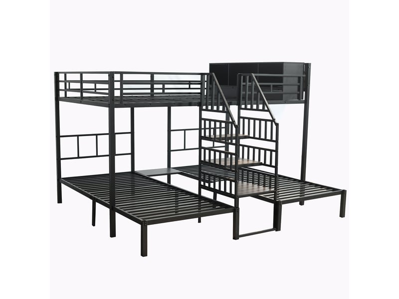  Lit superposé pour enfant, structure métal, trois places, marches sécurisées, 90x200cm &amp; 140x200cm, noir  - Conforama A