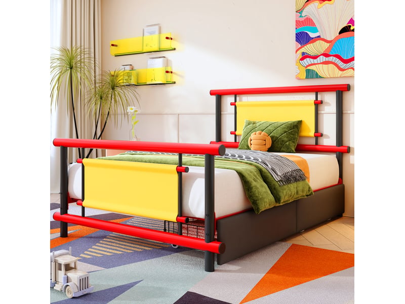 Modenvie lit enfant avec tiroirs 90x200 cm - structure metallique robuste, sans matelas - rouge  - Conforama D