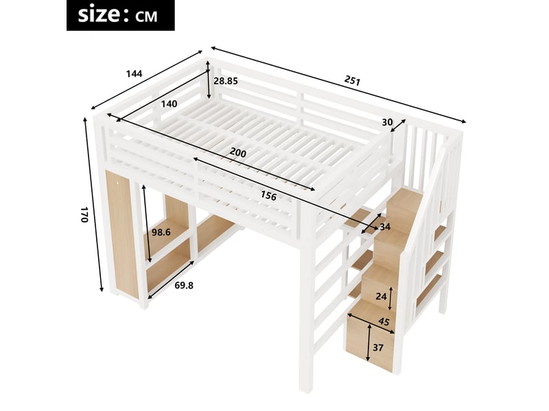  Lit surélevé 140x200 cm, métal, blanc, équipé de rangement, de bureau, de port usb et de led, sans matelas  - Conforama C