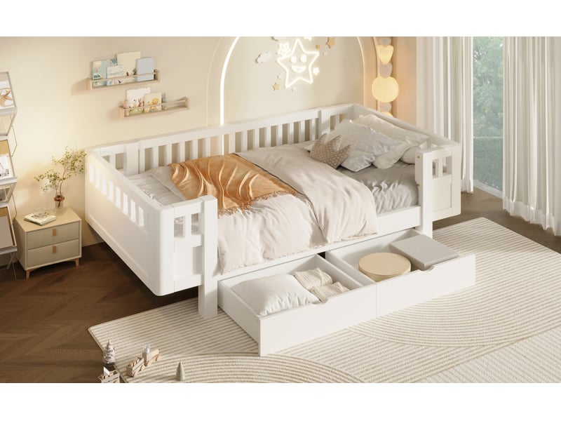  Lit plateforme 90x200 cm avec barrière de sécurité haute et deux grands tiroirs blanc  - Conforama E