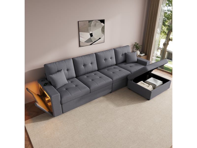 Canapé d'angle modulable 4 places en tissu lin, avec pouf à rangement, ports usbtype-c et éclairage led - Conforama W