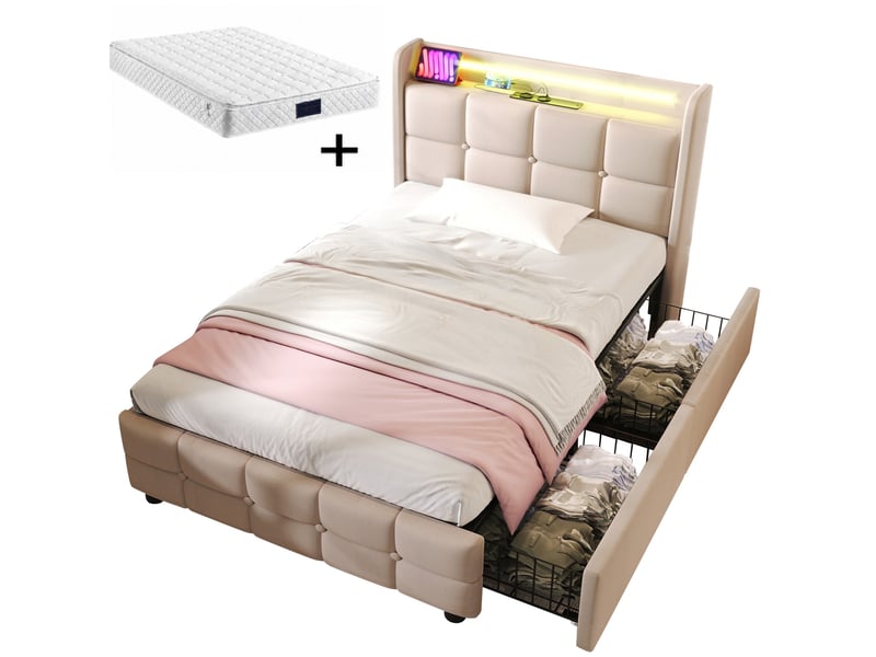 Lit double rembourré 160 x 200 cm, tête de lit led, 2 usb + 2 prises, 4 tiroirs, sommier à lattes, matelas h3 inclus, gris - Conforama A