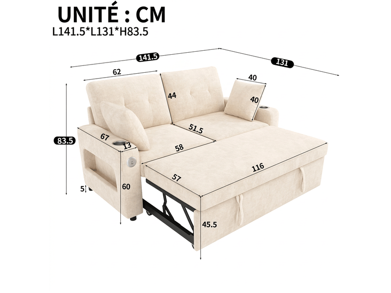  Korfee canapé convertible 2 places beige avec led, usbtype-c, rangement &amp; porte-gobelets, tissu chenille, 141cm  - Conforama C