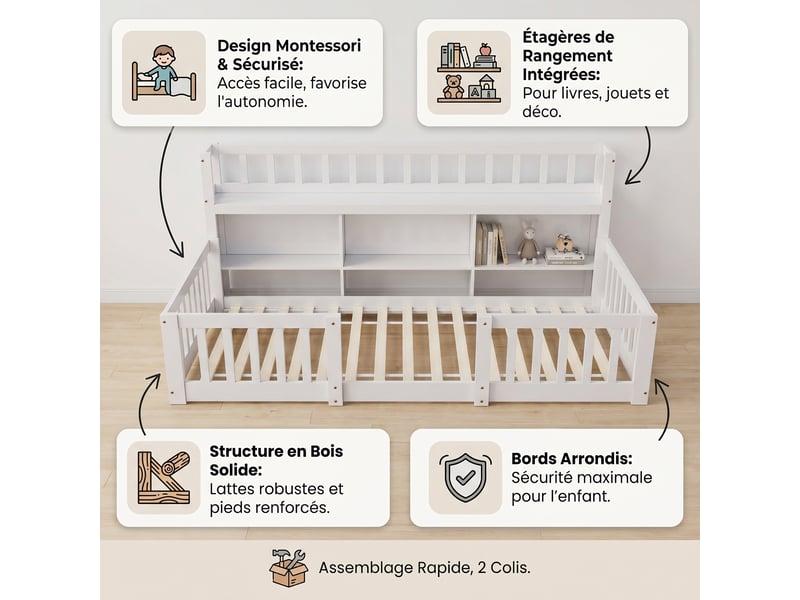  Lit simple 90x200 cm, lit enfant avec bibliothèque et barrières, lit au sol montessori en bois, sommier, blanc  - Conforama C