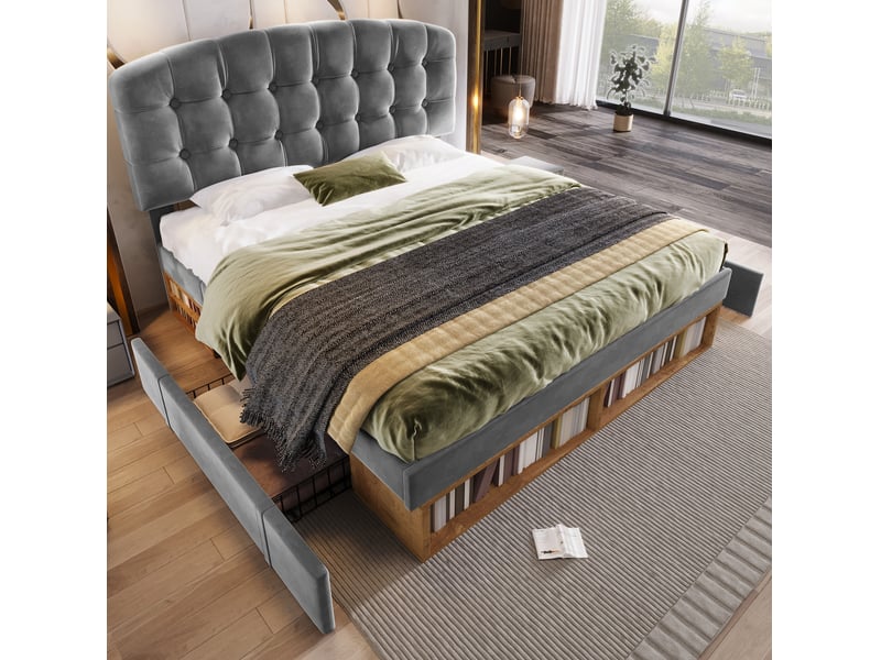  Lit double 140 x 190 cm gris en velours avec sommier à lattes, tiroirs et rangements  - Conforama D