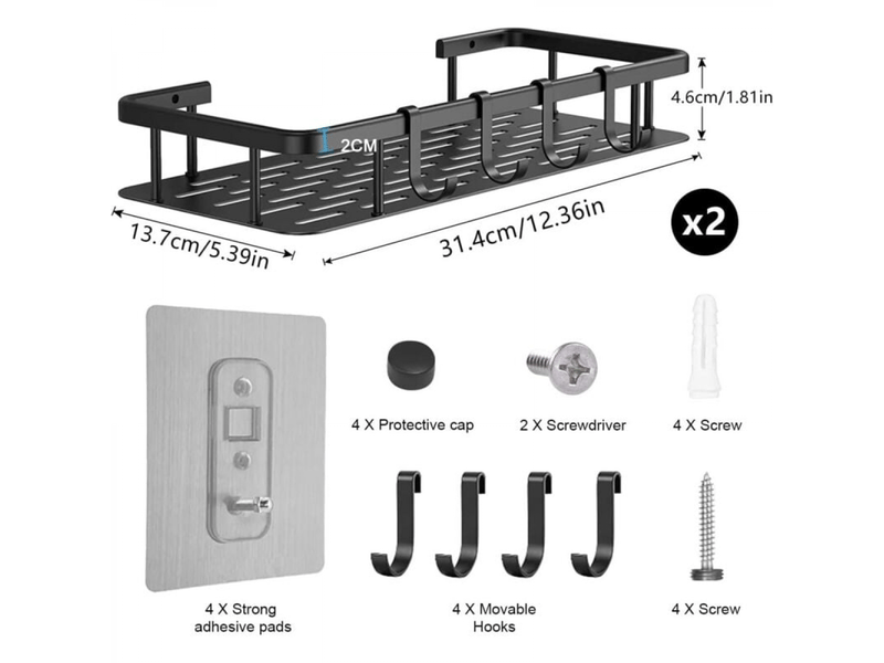  Lot de 2 etagere douche sans percage, etagere murale salle de bain aluminium mit 4 crochets, support douche auto-adhésif, tablette de douche  - Conforama D