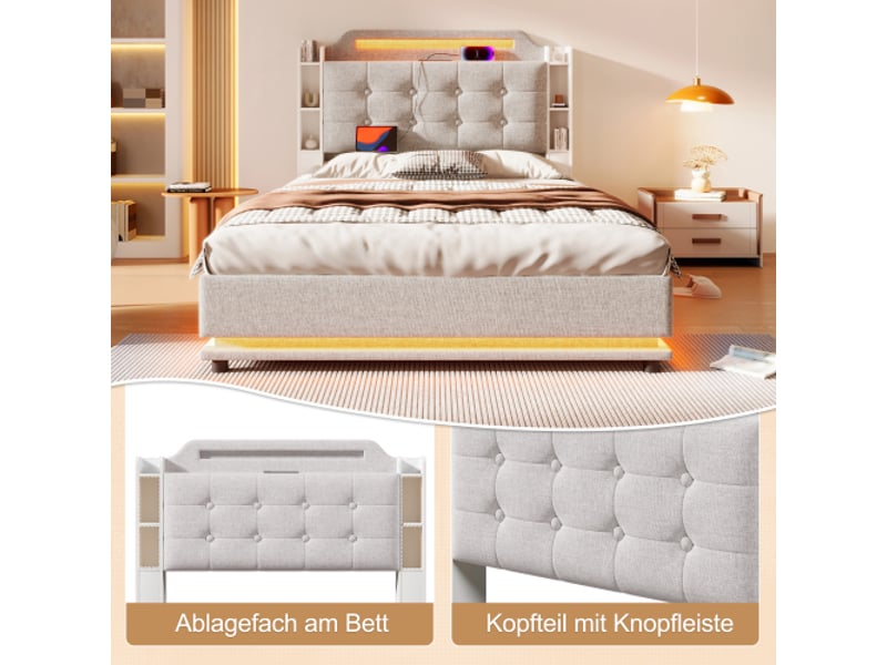  Lit rembourré, 140 x 200 cm, avec bande lumineuse led, rangement hydraulique, multiples compartiments de rangement, sans matelas, usb + type-c, lin, beige  - Conforama E