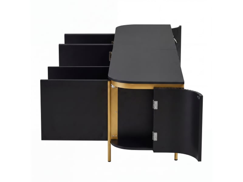 Buffet tv mdf avec pieds en fer, 6 portes, façades rainurées, passage câbles, extrémités arrondies – meuble salon  - Conforama E