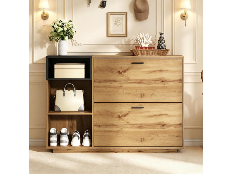  Meuble à chaussures - 120x32x84.5cm - 2 portes abattantes &amp; 3 niches ouvertes, rangement 12 paires en mdf - bois &amp; noir  - Conforama C
