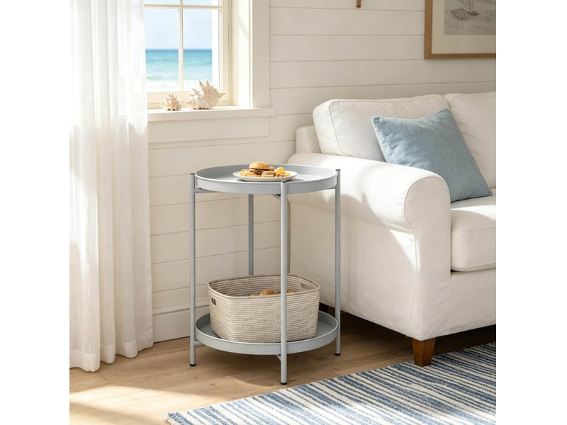  Table basse ronde avec 2 plateaux amovibles et patins réglables, en métal gris clair, pour salon, 44 × 44 × 53 cm  - Conforama D