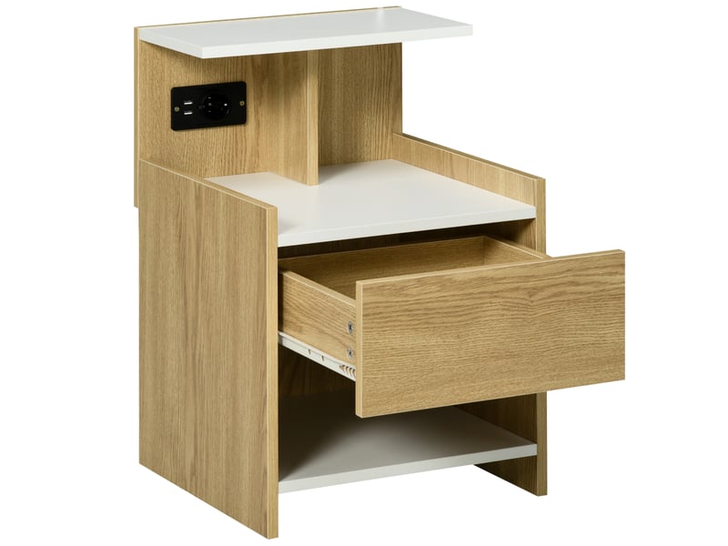  Table de chevet moderne avec 2 prises électriques, 2 ports usb et tiroir en aggloméré, 40 x 40 x 60 cm, couleur bois  - Conforama B