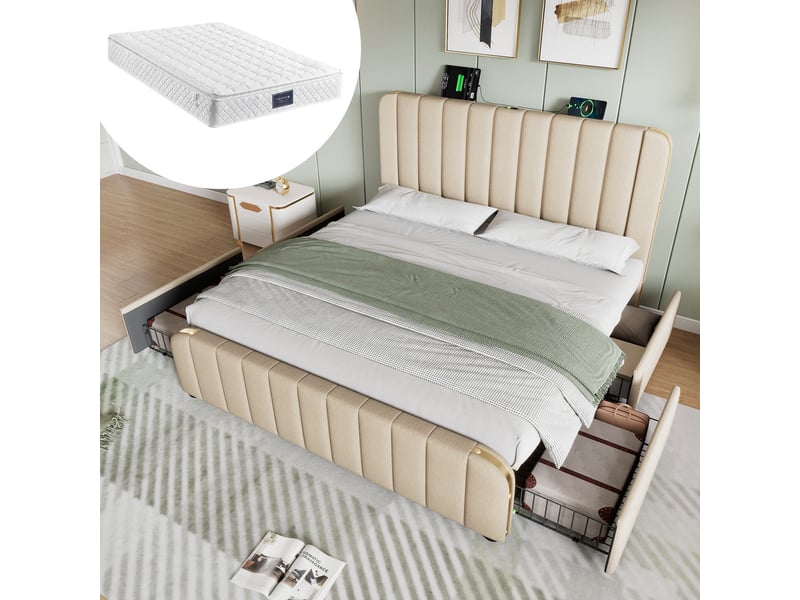  Lit double 160x200 cm, lit adulte, 4 tiroirs, usb type-c, bandes métalliques dorées, lin beige, matelas inclus  - Conforama W