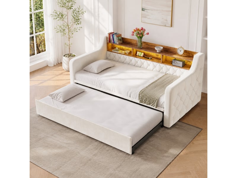  Canapé convertible avec lit gigogne, tête de lit de rangement, led et ports usb, en velours beige, 90 × 190 cm  - Conforama D