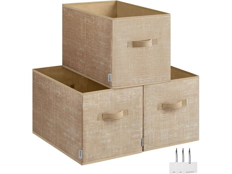  Lot de 3 boîtes de rangement pliables 50 x 30 x 30 cm avec poignées pour chambre salon ambiance cosy en tissu beige sable 12_0011698  - Conforama A