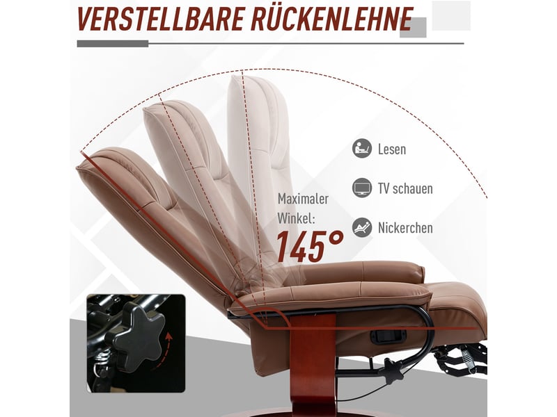  Fauteuil relax pivotant en cuir avec dossier inclinable et repose-pieds manuel, marron  - Conforama D