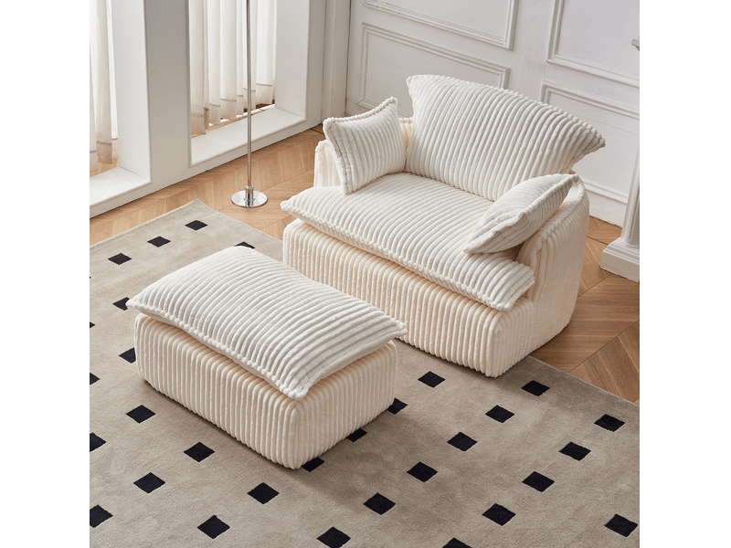  Fauteuil cloud compressé en velours côtelé beige avec pouf, confort modulable pour petits espaces et salon  - Conforama E