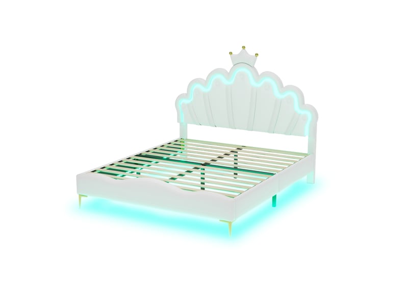 Lit princesse blanc 140x200 cm en similicuir pu, tête couronne et led réglable - Conforama E