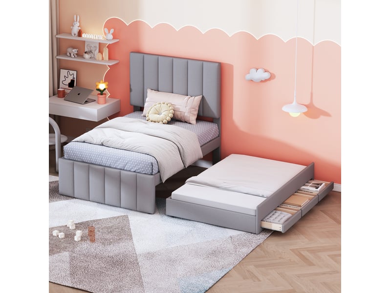Lit gigogne 90x200 cm avec 3 tiroirs et tête de lit réglable, gris - Conforama B