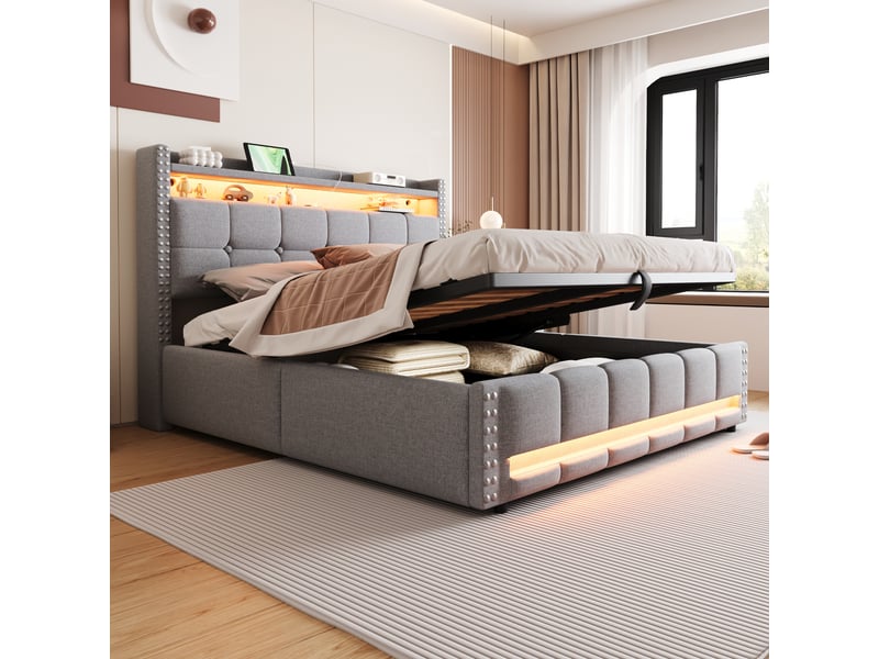 Lit coffre 160x200 cm gris clair en lin, tête de lit de rangement, led, ports usb et mécanisme hydraulique - Conforama C