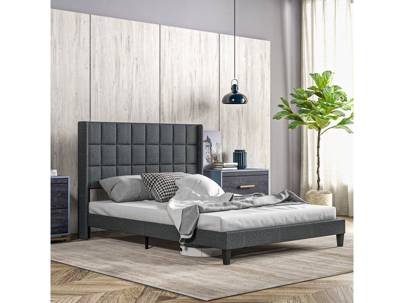  Lit 2 places rembourré 135x190 cm gris, tête de lit capitonnée et rangement sous le lit  - Conforama C