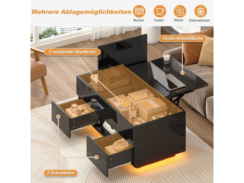  Table basse relevable avec 2 tiroirs et led noir brillant 100 x 45 x 43 cm N625P404441S - Conforama D