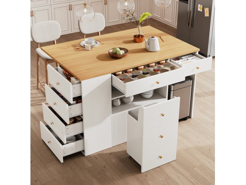  Desserte de cuisine 140x40(70)x90,5 cm, avec 6 tiroirs et tabouret coffre, structure mdf et métal, meuble de cuisine  - Conforama B