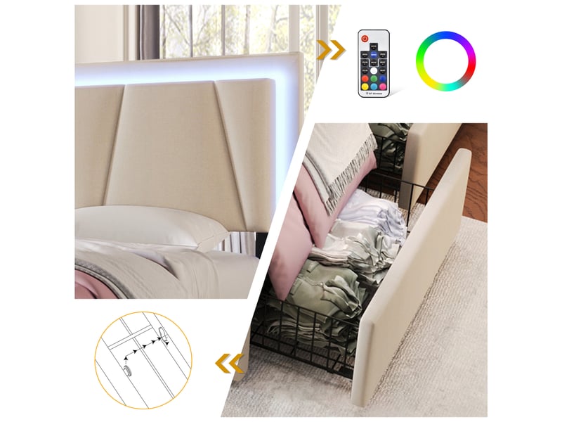  Lit capitonné, lit double 160x200 cm, 4 tiroirs, rangement intégré, led, tête de lit réglable, bois beige, matelas inclus  - Conforama W