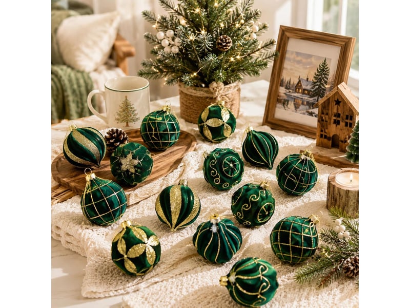  Lot de 16 boules de noël 8 cm, décorations suspendues pour sapin de noël, ornements de fête pour maison, vert foncé  - Conforama D