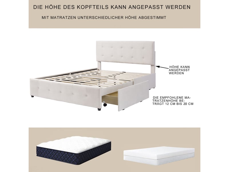 Lit double 140x200 cm, 4 tiroirs à roulettes sous le lit, tête de lit rembourrée et sommier à lattes, sans matelas, velours, beige - Conforama E
