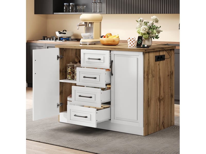 Desserte de cuisine avec 4 tiroirs, rangement fermé, étagères réglables et prises intégrées, 120 × 60 × 90 cm - Conforama C