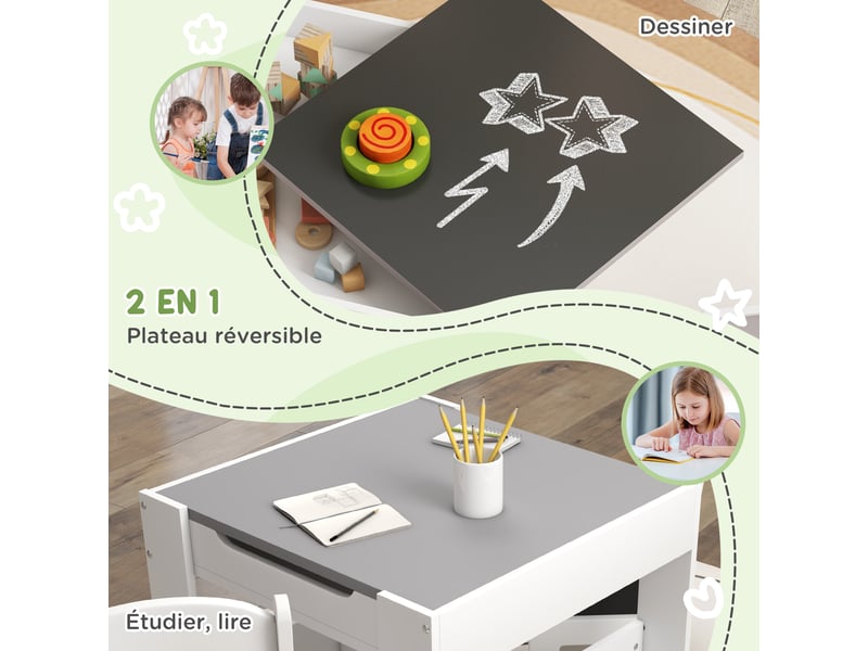 Ensemble 3 pièces table et 2 chaises pour enfant avec plateau réversible tableau noir, étagères, panier de rangement  - Conforama A