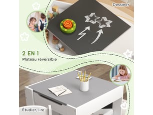 Ensemble 3 pièces table et 2 chaises pour enfant avec plateau réversible tableau noir, étagères, panier de rangement