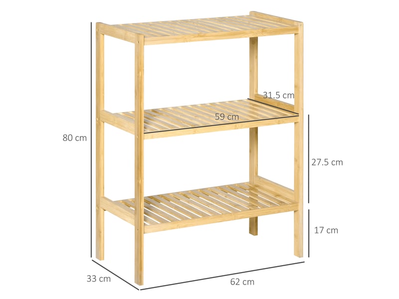  Étagère bambou 3 niveaux, multifonctionnelle, salle de bainsaloncuisine, montage facile, naturelle, 62x33x80 cm.  - Conforama E