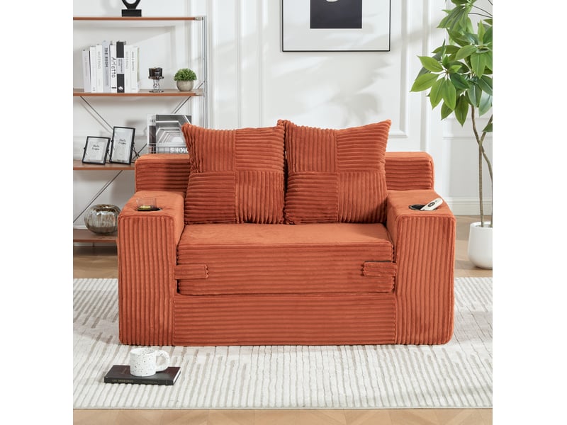  Canapé-lit 2 places modenvie convertible en velours côtelé orange avec pouf, coussins, porte-gobelet et poches de rangement 151 x 133 x 64 cm  - Conforama E