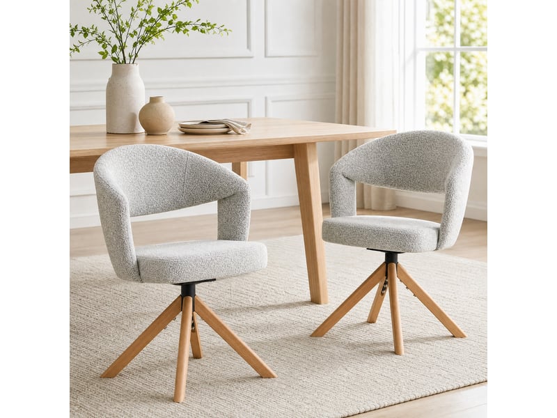  Lot de 2 chaises pivotantes 81,5 cm, couleur bois+gris clair, tissu, pour salle à manger, dossier incurvé, pivotement à 360°  - Conforama B