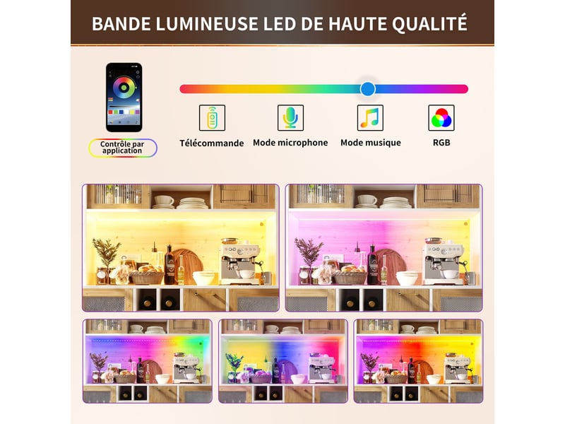 Buffet de cuisine blanc effet bois 120x40x180 cm, meuble de rangement avec led, prise intégrée, casier à vin, 5 portes - Conforama E